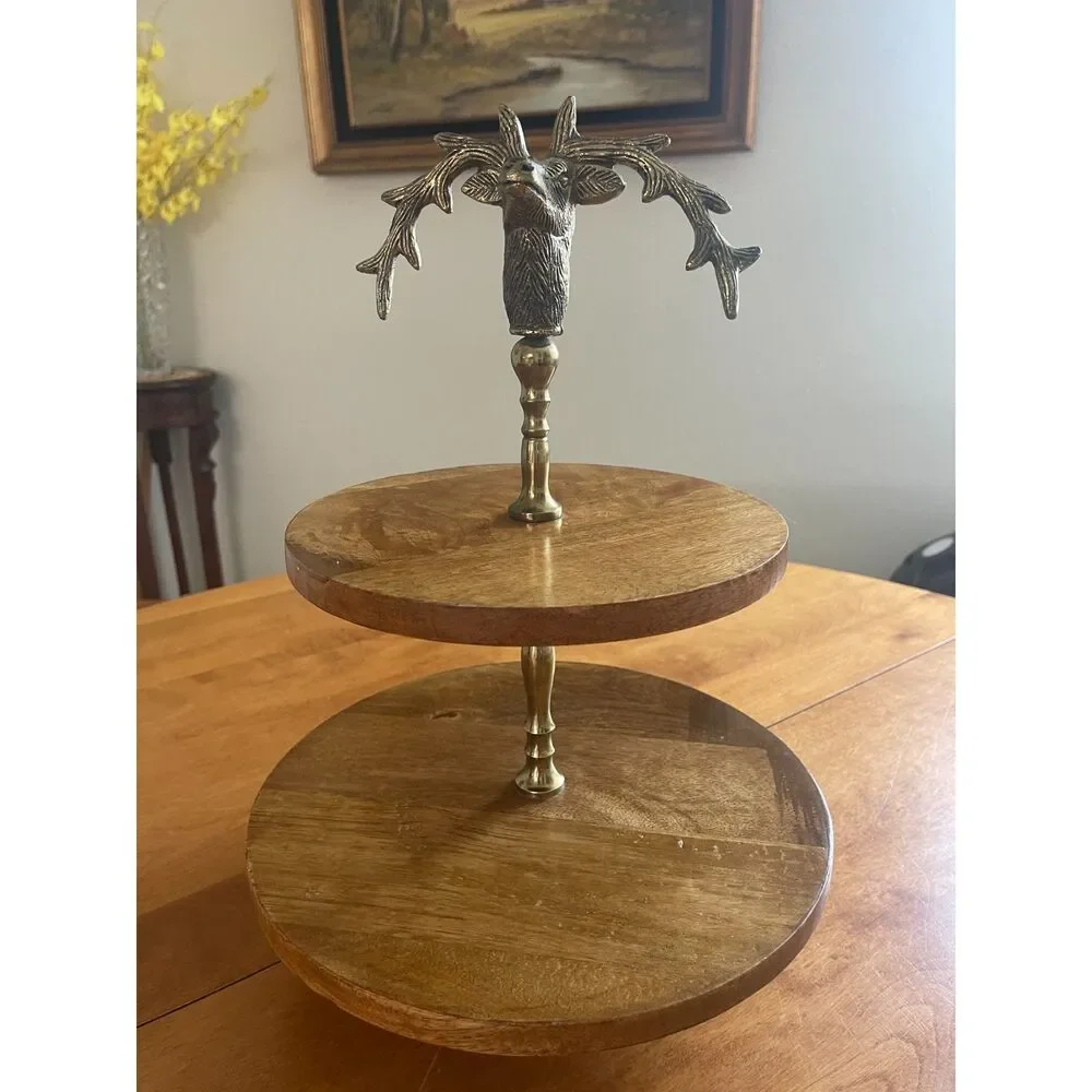 Vtg Pewter Stag Deer & Solid Wood Serving Pedestal Cupcake Platter Cake Dessert